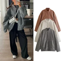 Woman Fashion Loose Gray Warm Baseball Jacket 2024 Autumn Casual Oversized Bomber Jacket Girls Vintage Thick Warm Outwear 1
