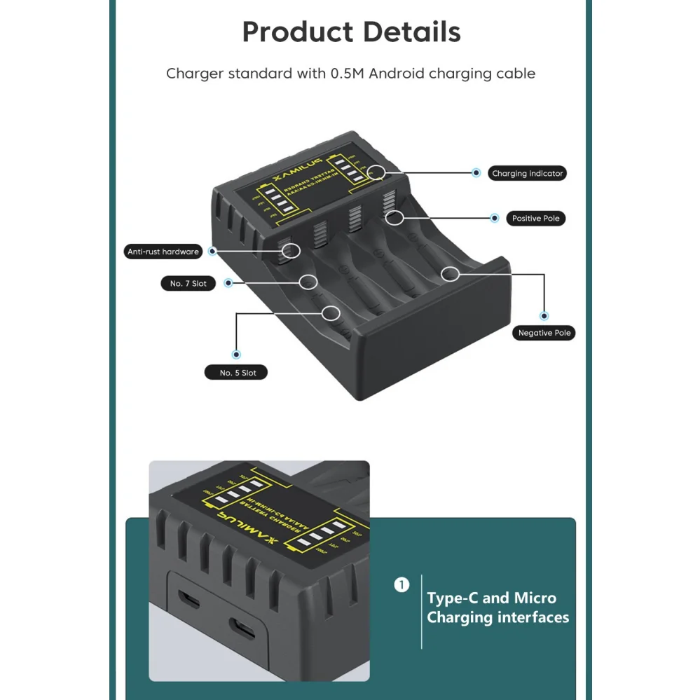 배터리 충전기 4 슬롯 1.2V NiMH NiCd AAA/AA 충전식 배터리 용 표시기가있는 지능형 고속 충전 USB C 마이크로 잭