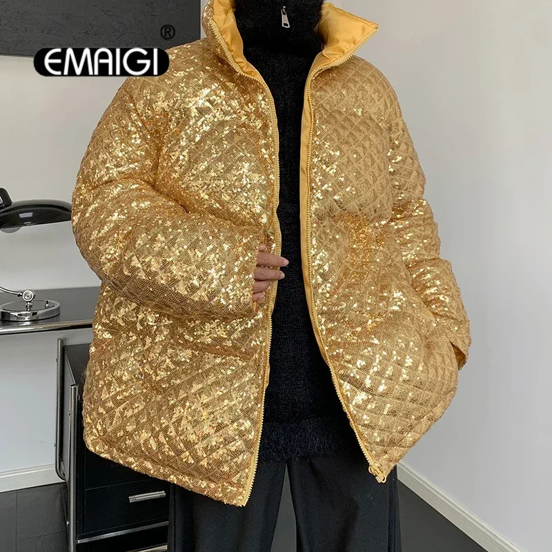 

Men Women Winter Sequin Loose Casual Vintage Padded Cotton Jacket Parkas Coat Nightclub Stage Fashion Show Clothes Costumes