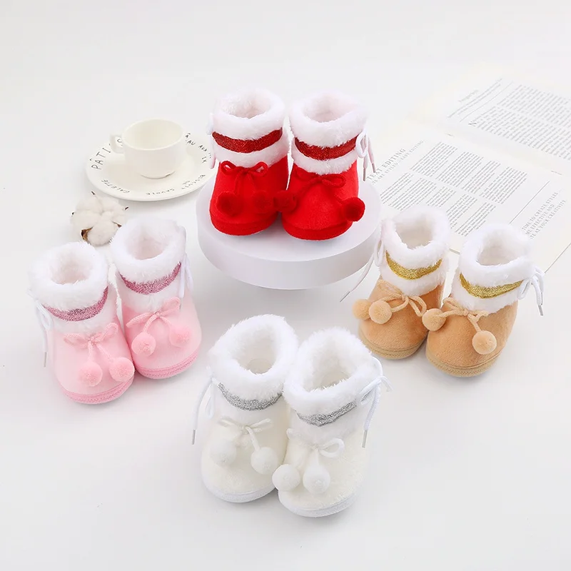 

Baby First Walkers Newborn Cotton Winter Boots Toddler Baby Solid Color Double Hairball Soft Sole Non-slip Snow Boots