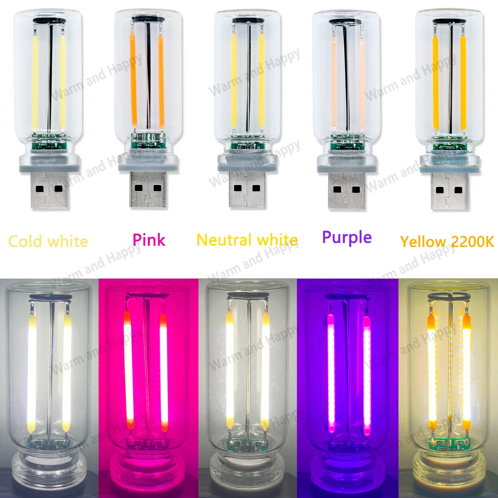 에디슨 레트로 USB 터치 디밍 야간 조명, LED 앰플 백열 전구, 가정용 비드 광원, 0.3W DC5V, 8 개