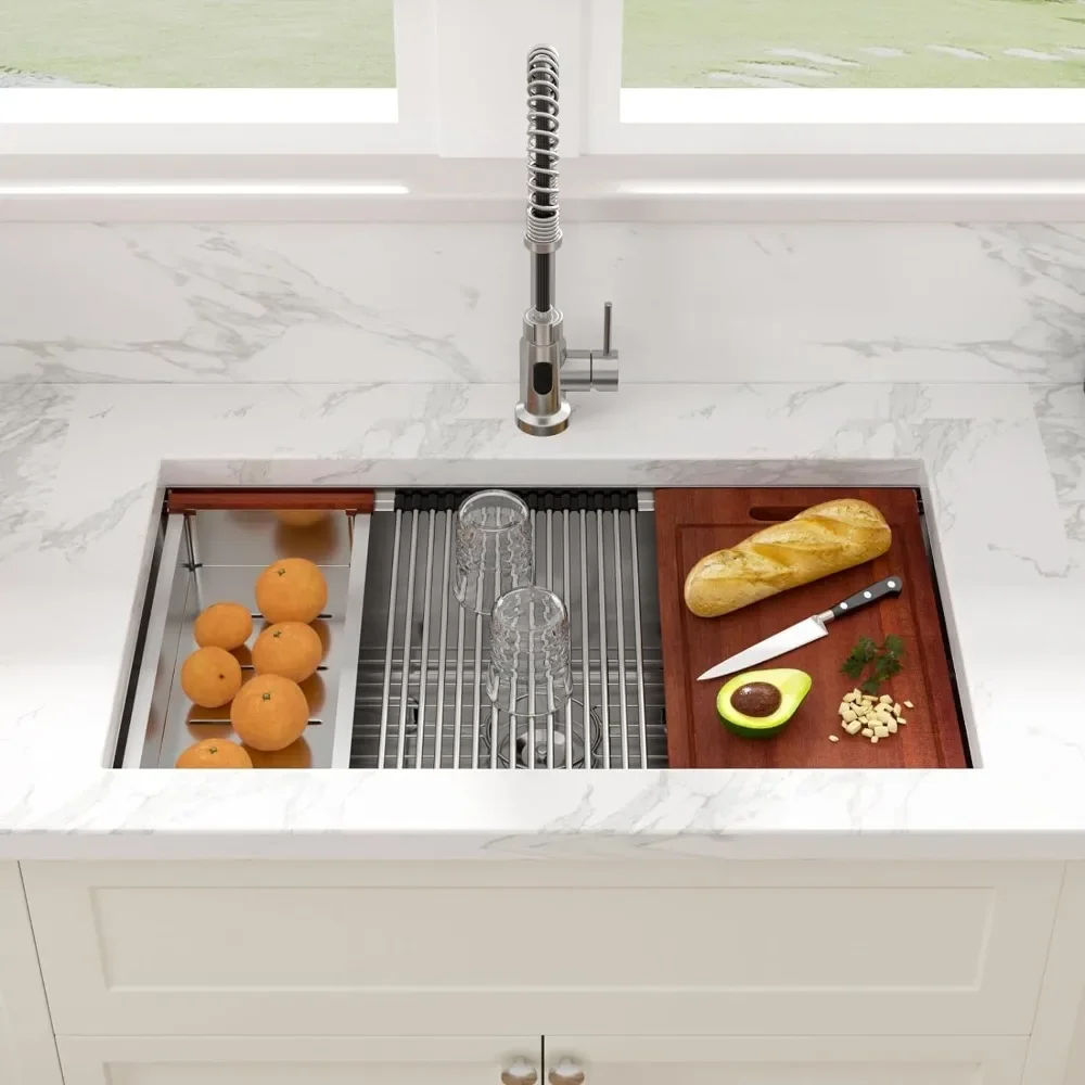 NEW-32 Inch Undermount Sink Stainless Steel Undermount Kitchen Sinks Workstation Single Bowl 16 Gauge Under Counter Kitchen Sink