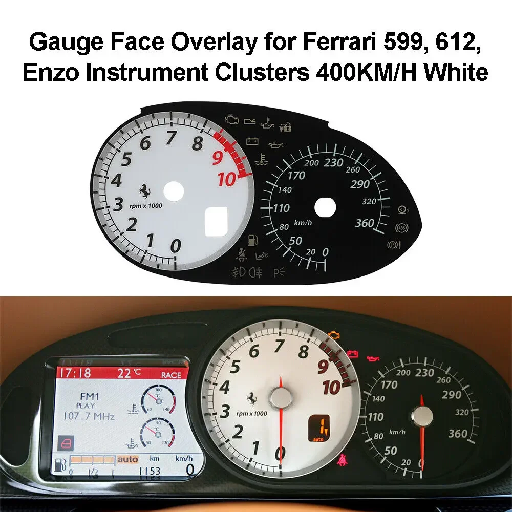 Calibro Face Overlay Per Ferrari 599, 612, Enzo Instrument Clusters 360 Km/H Bianco