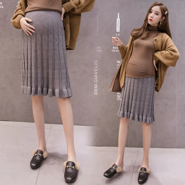 Autumn and Winter Pregnant Women's Knit Skirts Ruffled Hem Striped Maternity Empired Pleated Skirts Knee-length Pregnancy Skirt