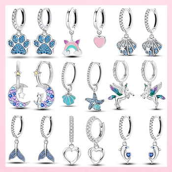 Luminous Shell Women Earrings Original 925 Sterling Silver Pave CZ Star Moon Hoop Earrings Engagement Wedding Jewelry