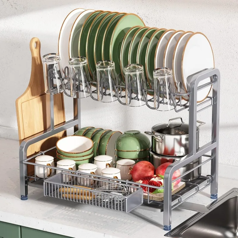 2 Tier Dish Drying Rack, Dish Racks for Kitchen Counter, Stainless Steel Dish Drainers with Cutlery Holder and Cup Rack 5