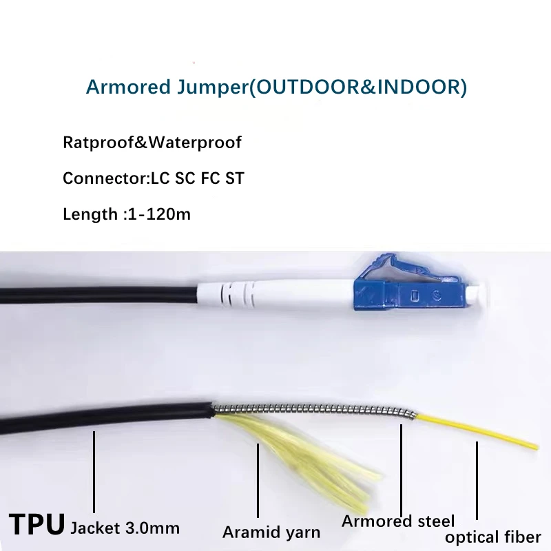 LC-LC 1 코어 TPU 광섬유 패치코드, 야외 SM 아머드 1C Ftth 점퍼, 블랙 OS2 방수 싱글 모드, 1-120m