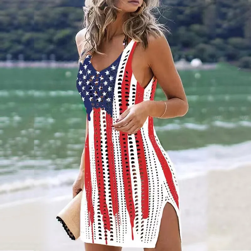 

17 Colors US Flag Women Crochet Knit Mini Beach Dress Sleeveless Colorful Mesh Cover Ups Casual Sweater Dress Summer Slip Dress