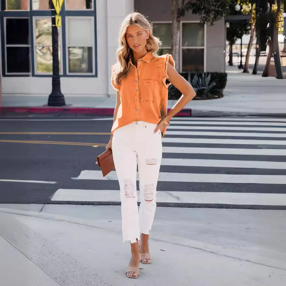Lapel Jacket style Denim shirt for Women spring summer Short sleeve Fashion Jacket Pockets tops Solid Cardigan Streetwear 2024