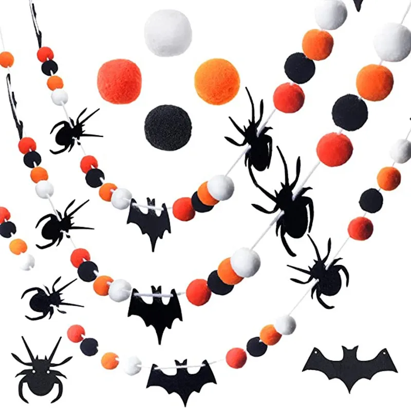 

3m Halloween Plush Ball Garlands Skull Head Banner Spider Bat Ghost Festival Party DIY Background Decor Happy Halloween Day 2023