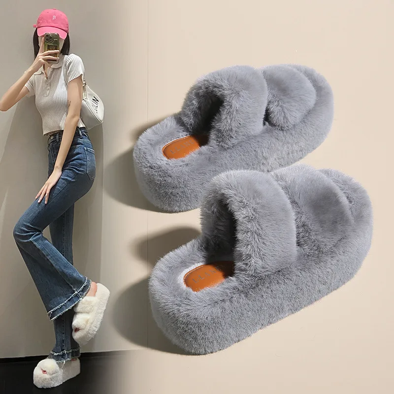 

TSTCTB 2023 winter Furry Platform Slippers Women's Shoes Sandals Plush Slippers Women's Fashion Casual Plush Slippers Non-slip