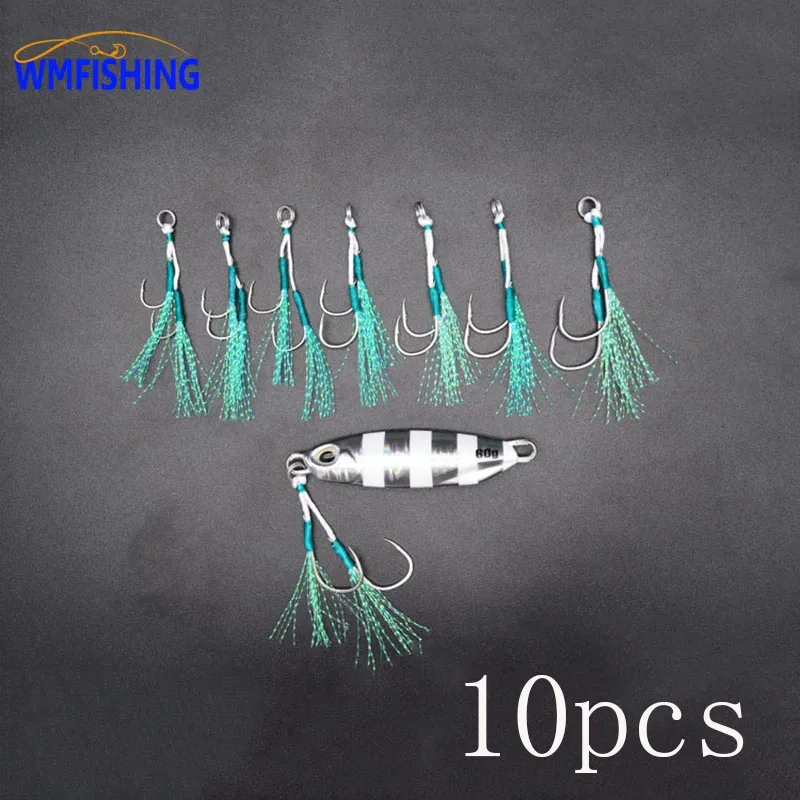 10Pair Cast Jig Assist Hook Slow Jigging lure Bass Hooks Barbed Hook Tying  Up Fishhook With Feather Sea Double Fishing Hook