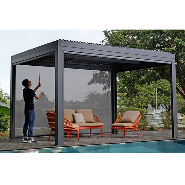 Bioclimatic Aluminum  Pergola 3x3m/10x10ft Manual flip louvered roof with manual roller blinds garden gazebo canopy 2