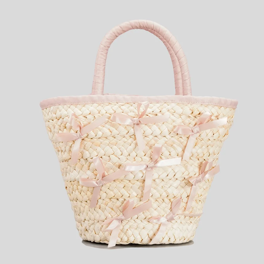 

Rattan Woven Women Handbag Handmade Straw Bag Bow Pearl Bohemia Summer Beach Bags Wicker Knitted Female Designer Luxury Tote