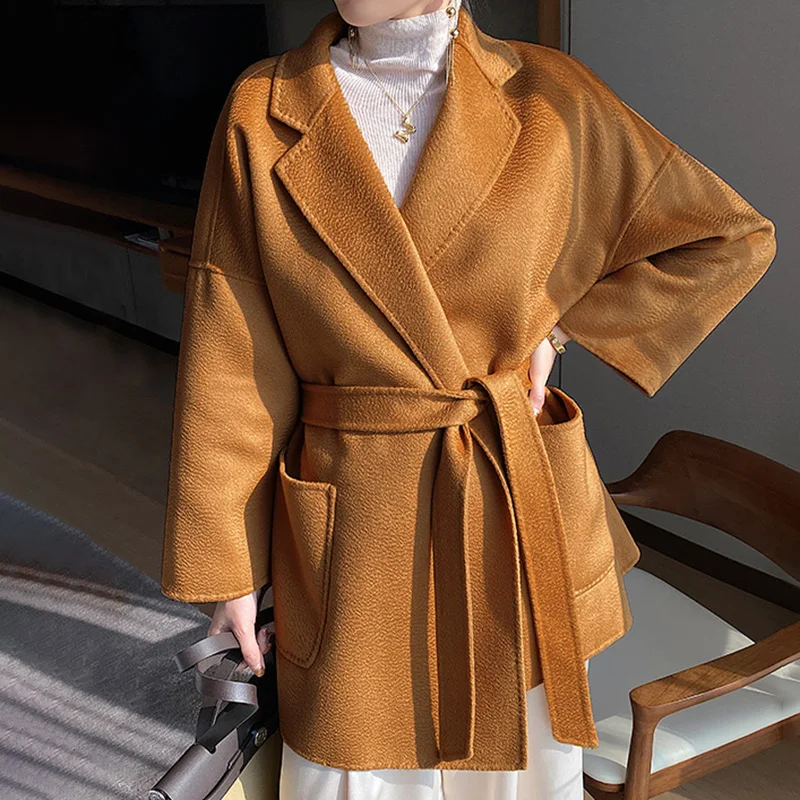 

Autumn Winter Water Ripple Coats For Women 100% Real Wool Jacket Long Lady Streetwear Fashion Oversize Outerwear Female WB3820S