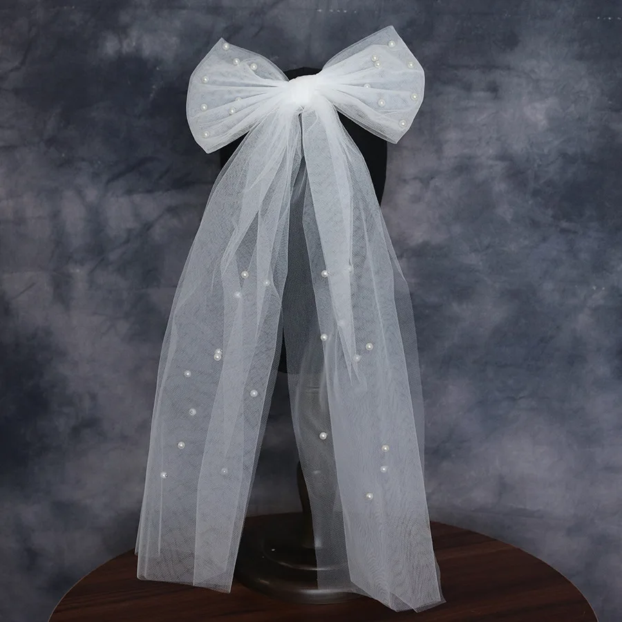 Women Short Veil For Bride Wedding Headdress Pearl Bow Tulle Bachelorette Party Veils Headpieces Lace Mesh Veil With Hair Clip bridal veil