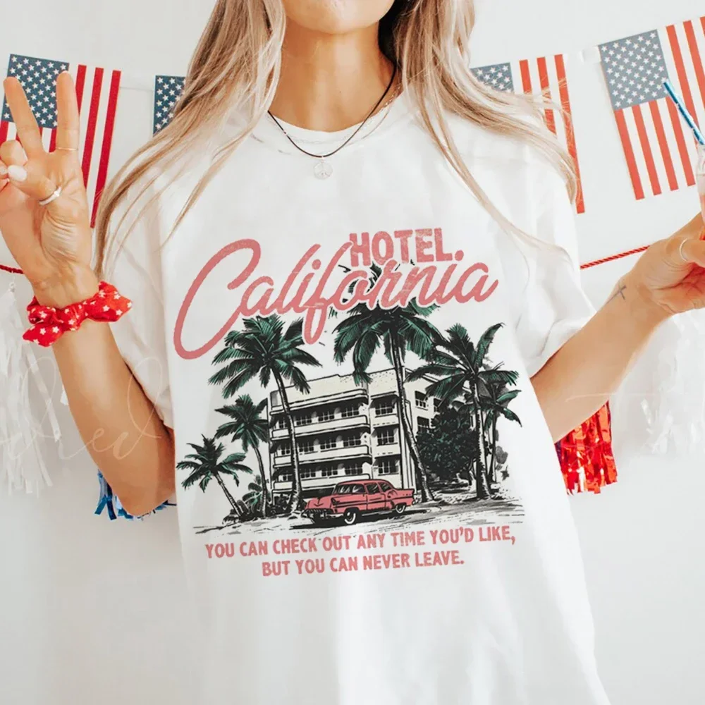 Printed Casual Fashion O-Neck Women's Hotel California Retro Design Pattern T-Shirt Clothing Printed Short Sleeved Women's T-Shi 2