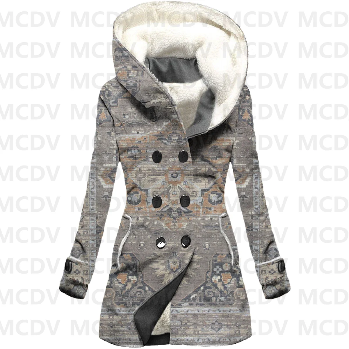 Retro 3D Printed Fleece Hooded Cloak Women Thick Warm Coat Women's Winter Warm Overcoat Casual Clothes 07