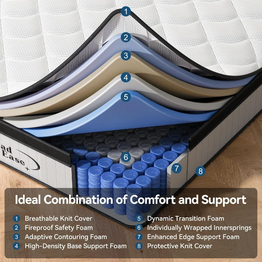 Queen Size 14 Inch Hybrid Mattress in a Box with Memory Foam and Firm Individually Wrapped Pocket Springs for Superior Pressure