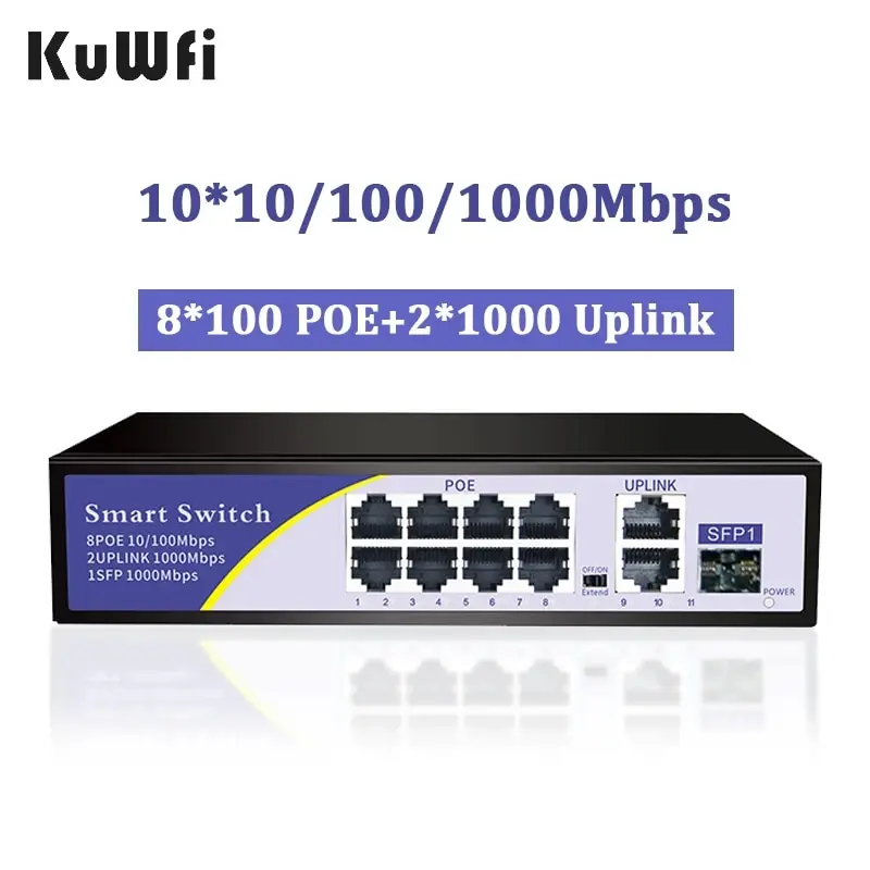 KuWFi POE 스위치, IP 감시 카메라 스마트 POE 스위치용 고성능 작동, 8 포트 네트워크 스위치, 2 개의 업 링크 기가비트 포트