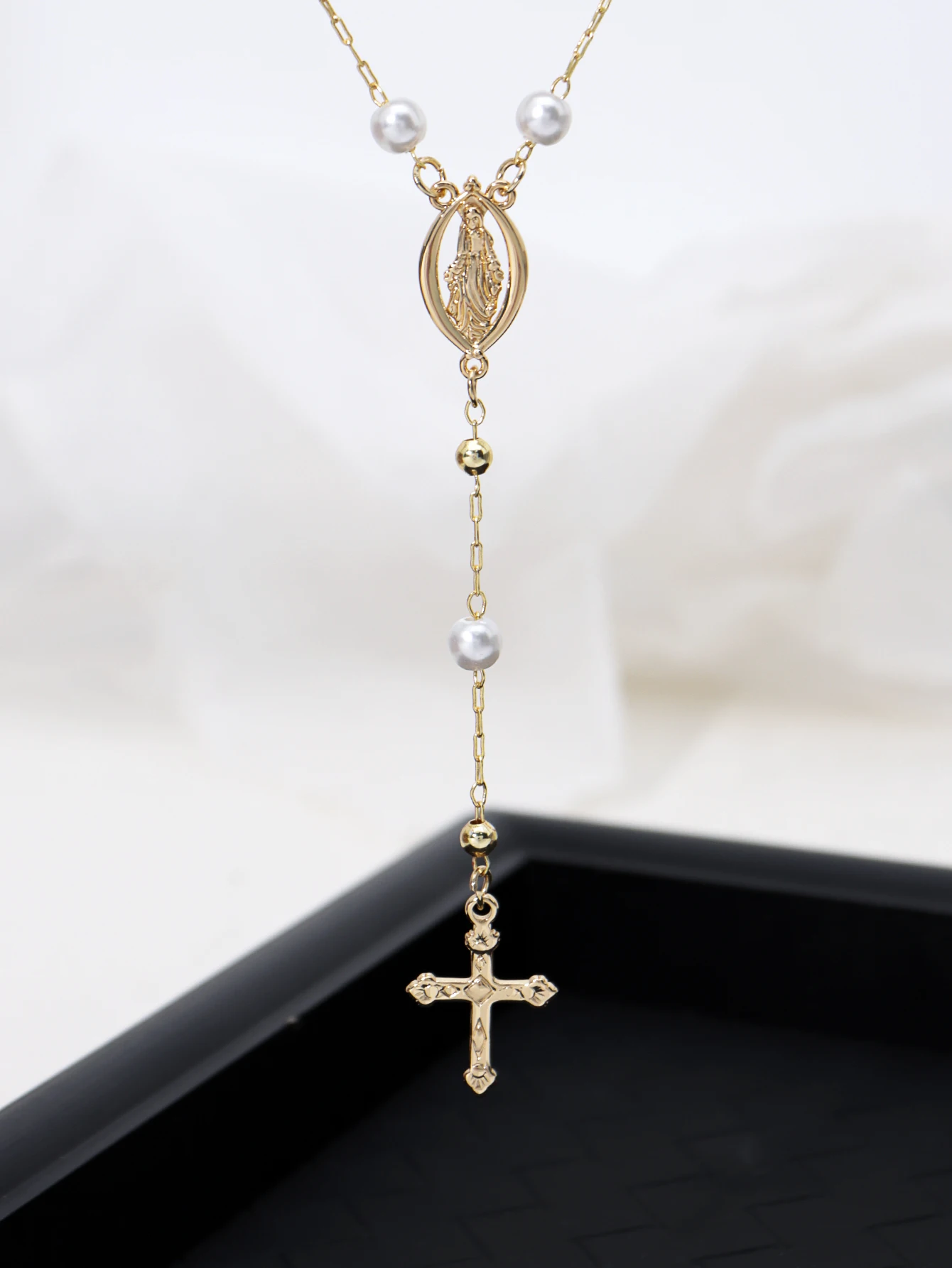 Gold Imitation Pearl Religious Y-Shaped Necklace