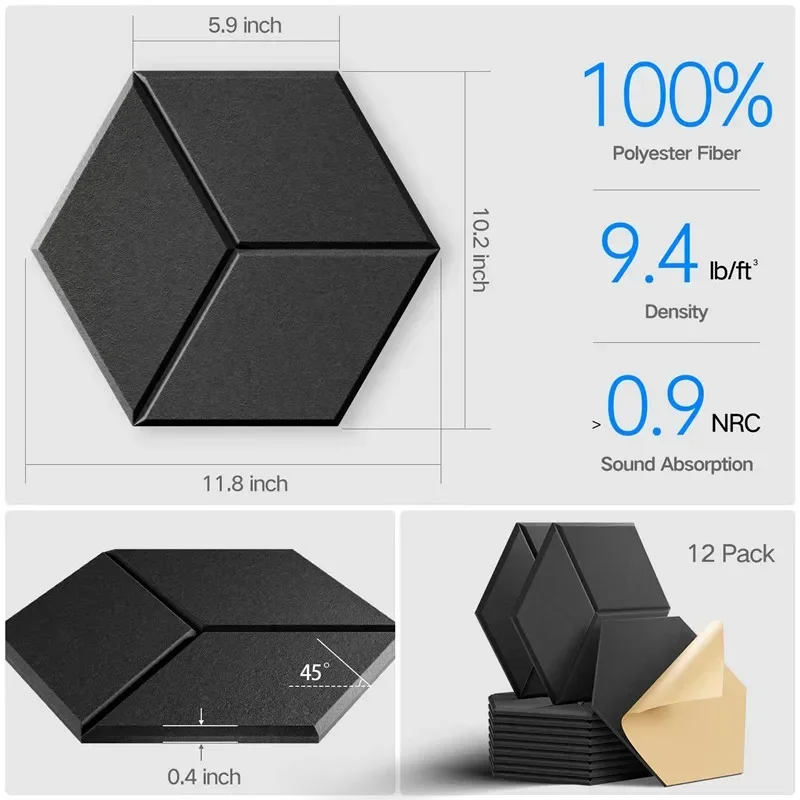 20PCS Hexagonal Self-adhesive Acoustic Panels Y-Lined Design Sound Proof Foam Panels Absorb Noise Eliminate Echoes Black