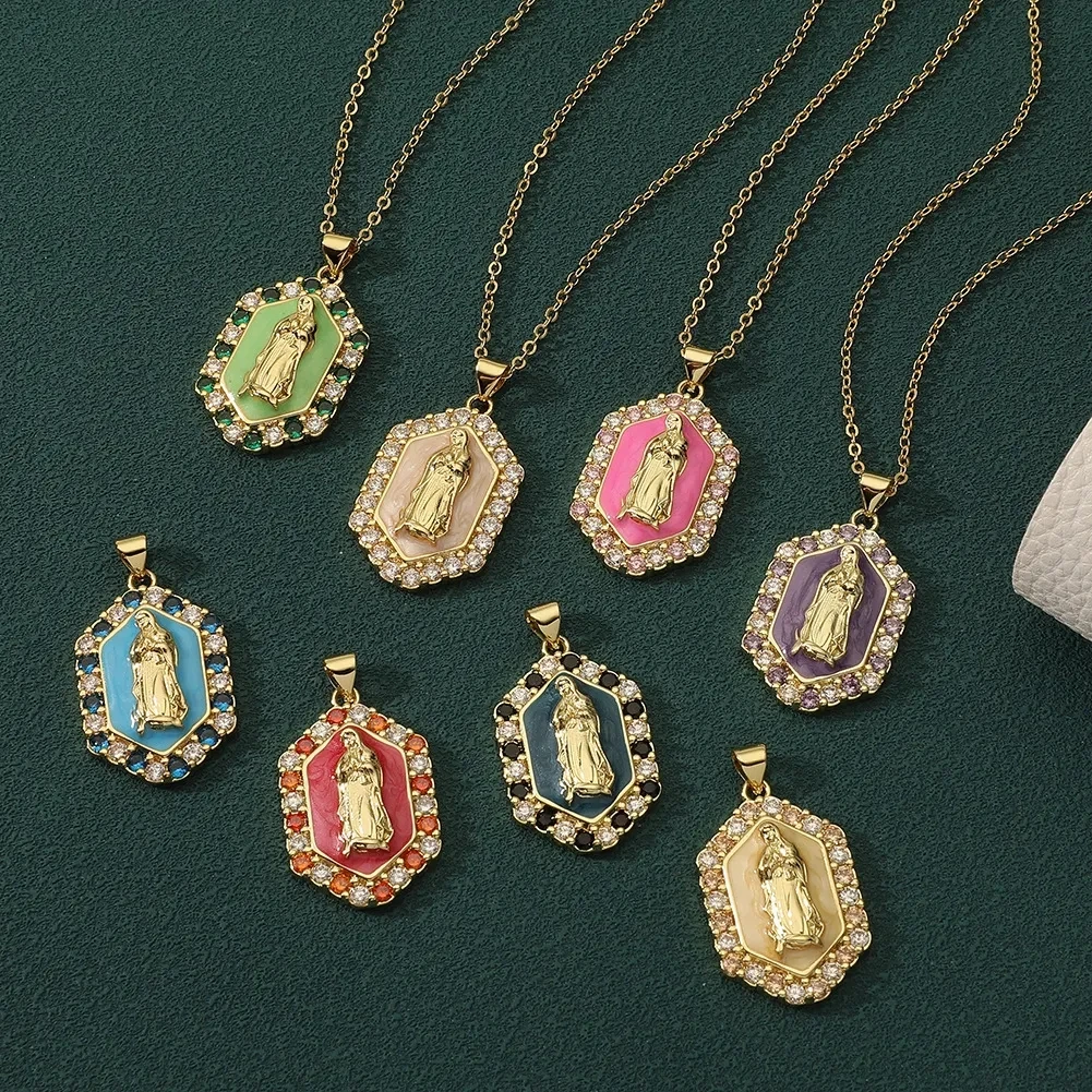 Juya 18K 리얼 골드 도금 포장 된 Cz 세인트 메리 버진 에나멜 수공예품 DIY 기독교 펜던트 부적 보석 만들기위한 매력