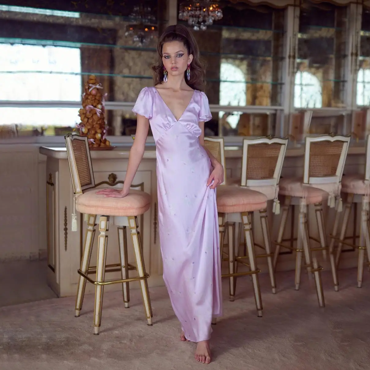 

Zoctuo New Pink Satin Long Prom Dress Elegant Puff Sleeve Sexy V-Neck Robe Gown French Floral Evening Dresses Ladies Club Party