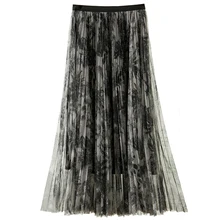 

Luxurious Elastic Waist Faldas Mujer Moda 2022 Print Pleated Ankle-Length Bohemian Mesh High Waist Vintage Long Skirt women