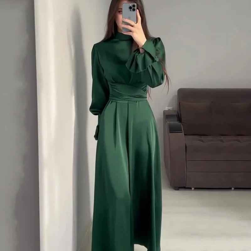 

New Spring and Autumn Semi-high-neck Long-sleeved Waist Bubble Sleeve Green Dress Fashion Temperament Lace-up Waist Full Skirt