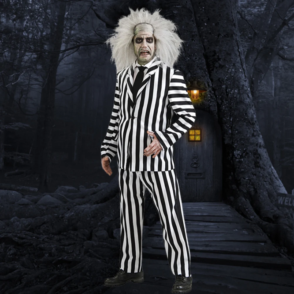 Spooky Halloween Performance Costumes Men Striped Suit with Tie Scary Halloween Infernal Master Cosplay Costume For Men Adult