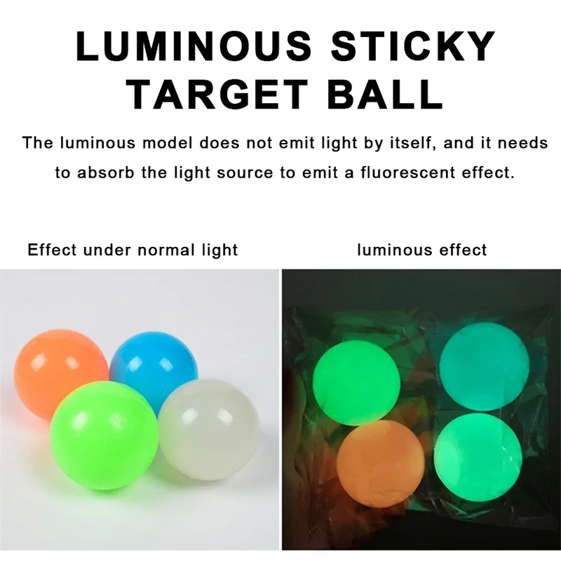 

4pcs Luminous Sticky Wall Ball Toys Sticky Wall Ball Suction Wall Toy Ball Sticky Target Stress Reliefer Suction Top Ball Toy
