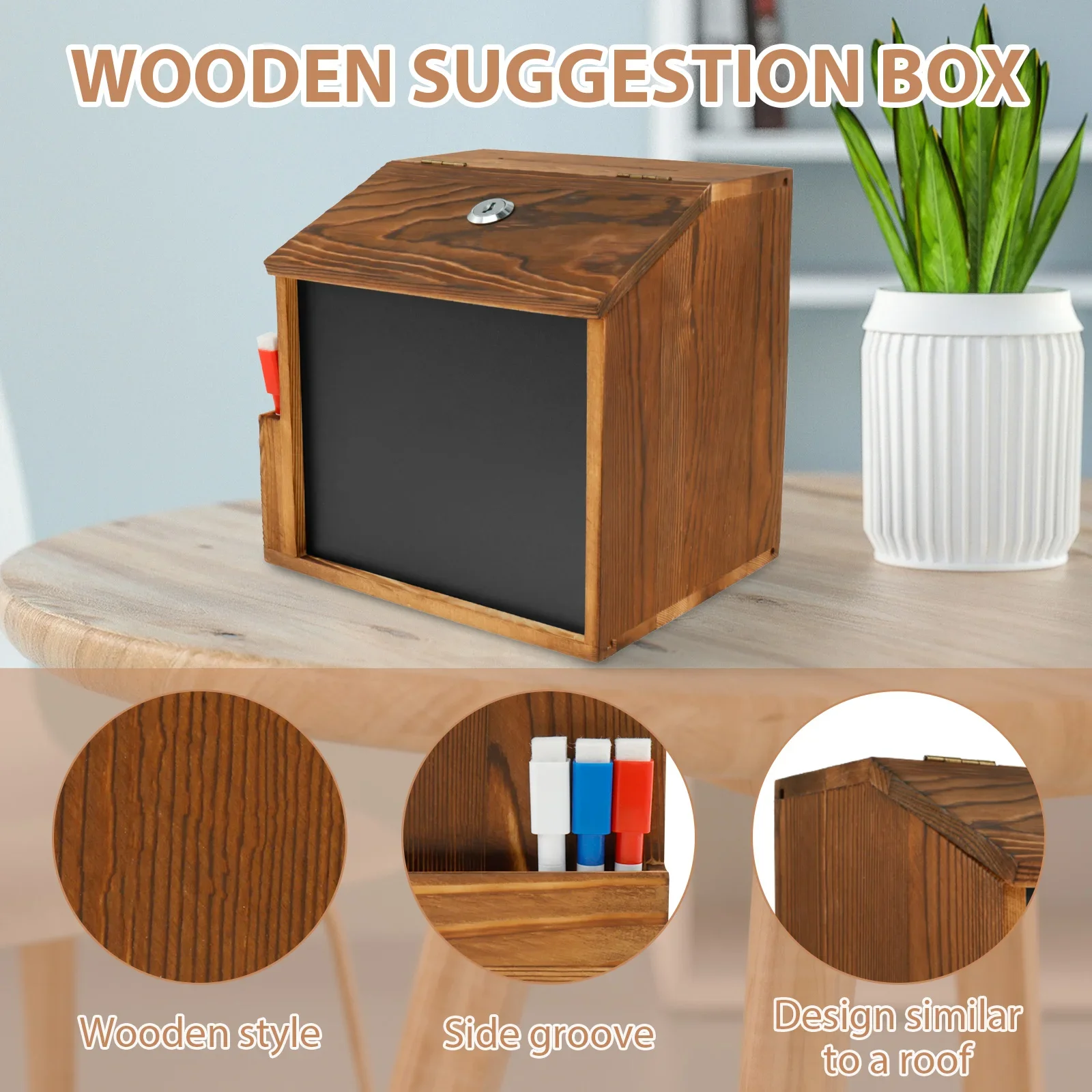 Wood Suggestion Box Wall-mounted Mail Ballot Box Vintage Donation with Slot and Lock Chalkboard Collection for School