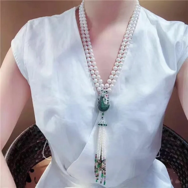 

new design 9-10mm two strands south sea white pearl green jade necklace 28'' sterling silver 925 tassel necklace gift