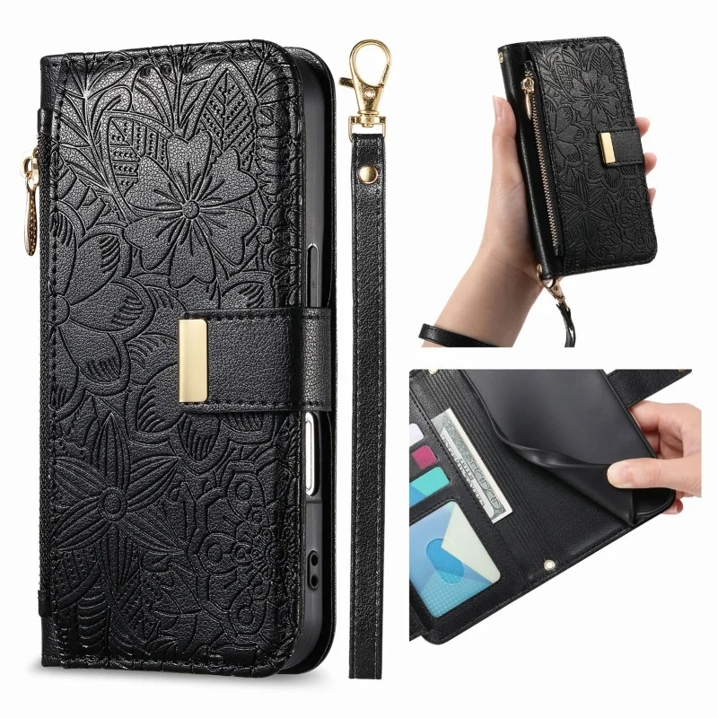 Magnetic Leather Zip Wallet Phone Case with Lanyard