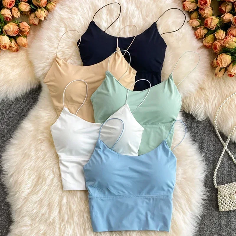 Women Tank Tops Women Summer Vest Tops Sleeveless Cotton Bustier with Pads Soft Elastic Wear-resistant Vest Crop Top Seamless Bralette Tees