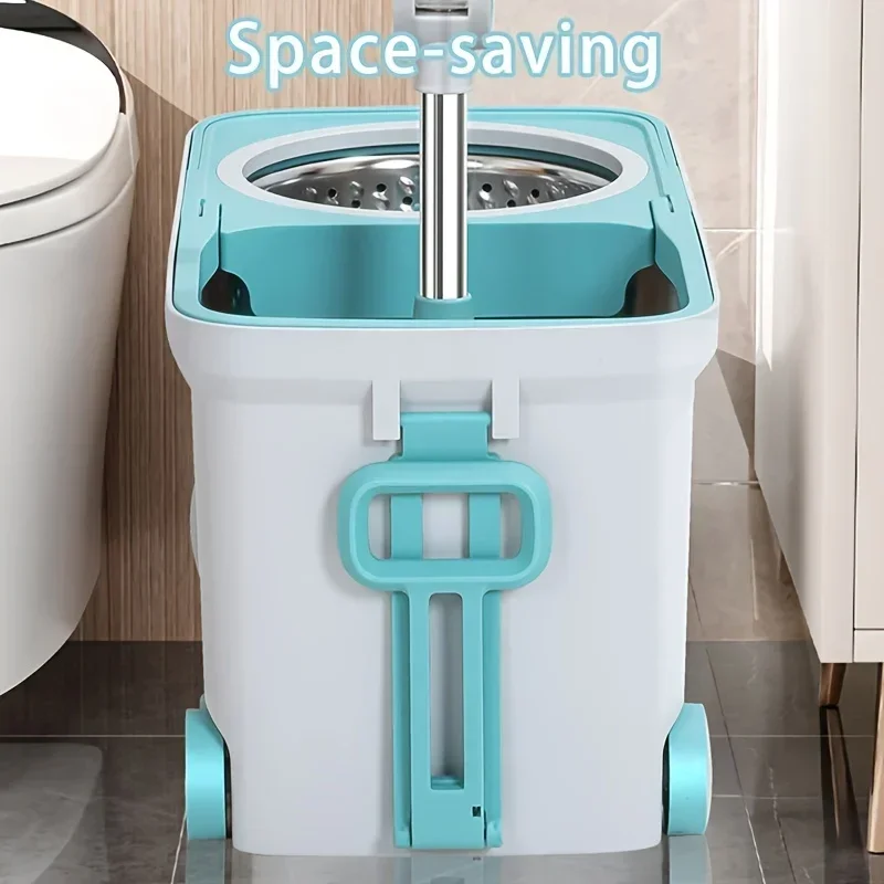 Set Mop Lavapavimenti con Secchio per Pulizia – Sistema a 2 Scomparti per Acqua Pulita e Sporca, Mocio Piatto Autostrizzante con Manico Telescopico e 2 Panni in Microfibra, Blu - ALANBERG