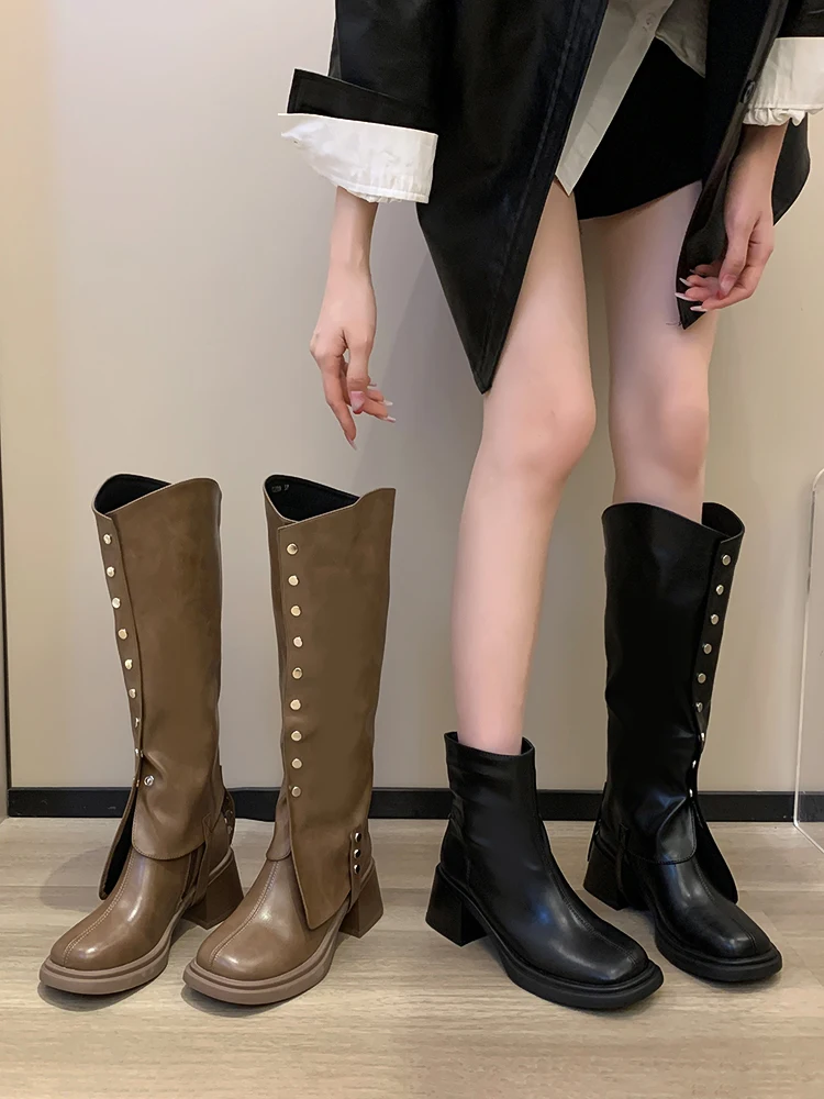 

Women Boots High Heels Boots-Women Zipper Winter Footwear Female Shoes Rivets Stiletto Leather 2023 Rubber Over-the-Knee Lolita
