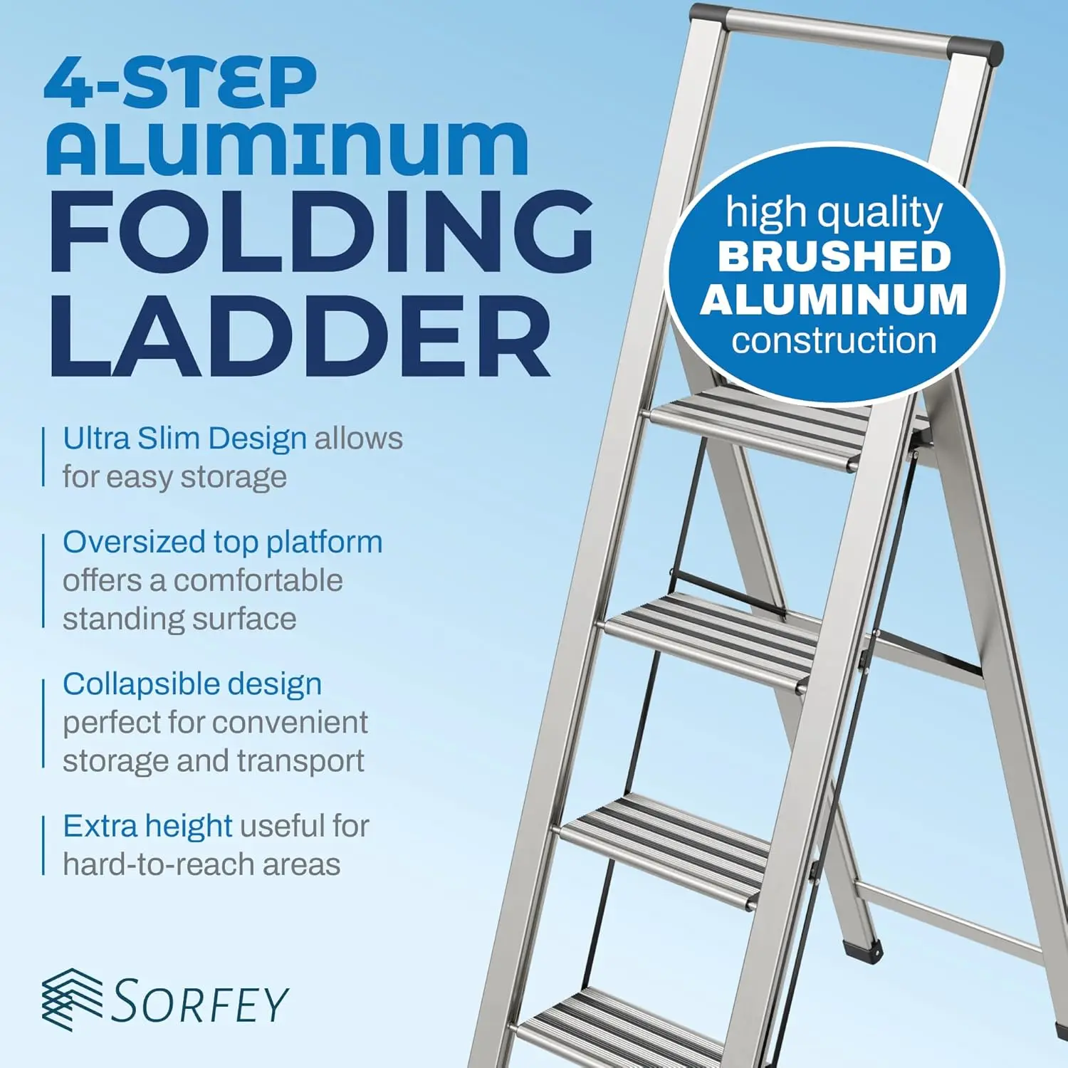 Step Ladder 4 Step Folding, Decorative - Modern Beautiful Aluminum, Ultra Slim Profile, Anti Slip Steps Sturdy-Portable for Home
