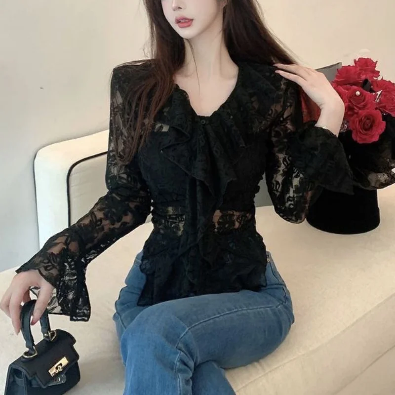 y2k Lace Blouse Women Coquette Clothes Sheer See Through Ruffle Flared Long Sleeve Shirt Top 2000s Clothing Streetwear