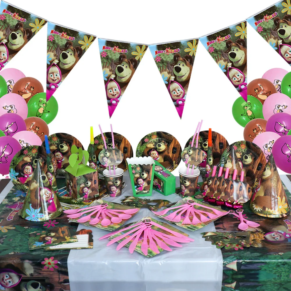 Masha and The Bear Theme Birthday Party Supplies Girls Masha Tableware Set Balloons Plates Cups for Kids Party Baby Shower Decor - Image 6