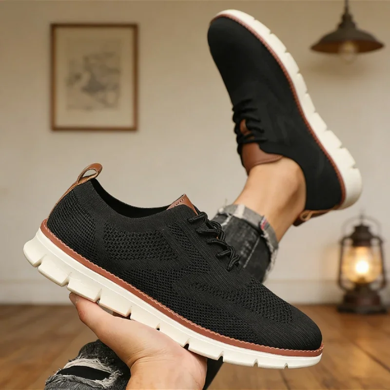 Fashionable Men's Casual Knitted Sneakers Breathable Lightweight Business Office Shoes Mesh Upper Non-slip Walking Shoes for Men