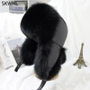 Winter Men's 100% Real Silver Fox Fur Aviator Bomber Hat Raccoon Fur Ushanka Cap Trapper Russian Man Ski Hats Caps Real Leather 1
