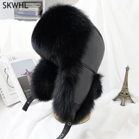 Winter Men's 100% Real Silver Fox Fur Aviator Bomber Hat Raccoon Fur Ushanka Cap Trapper Russian Man Ski Hats Caps Real Leather 1