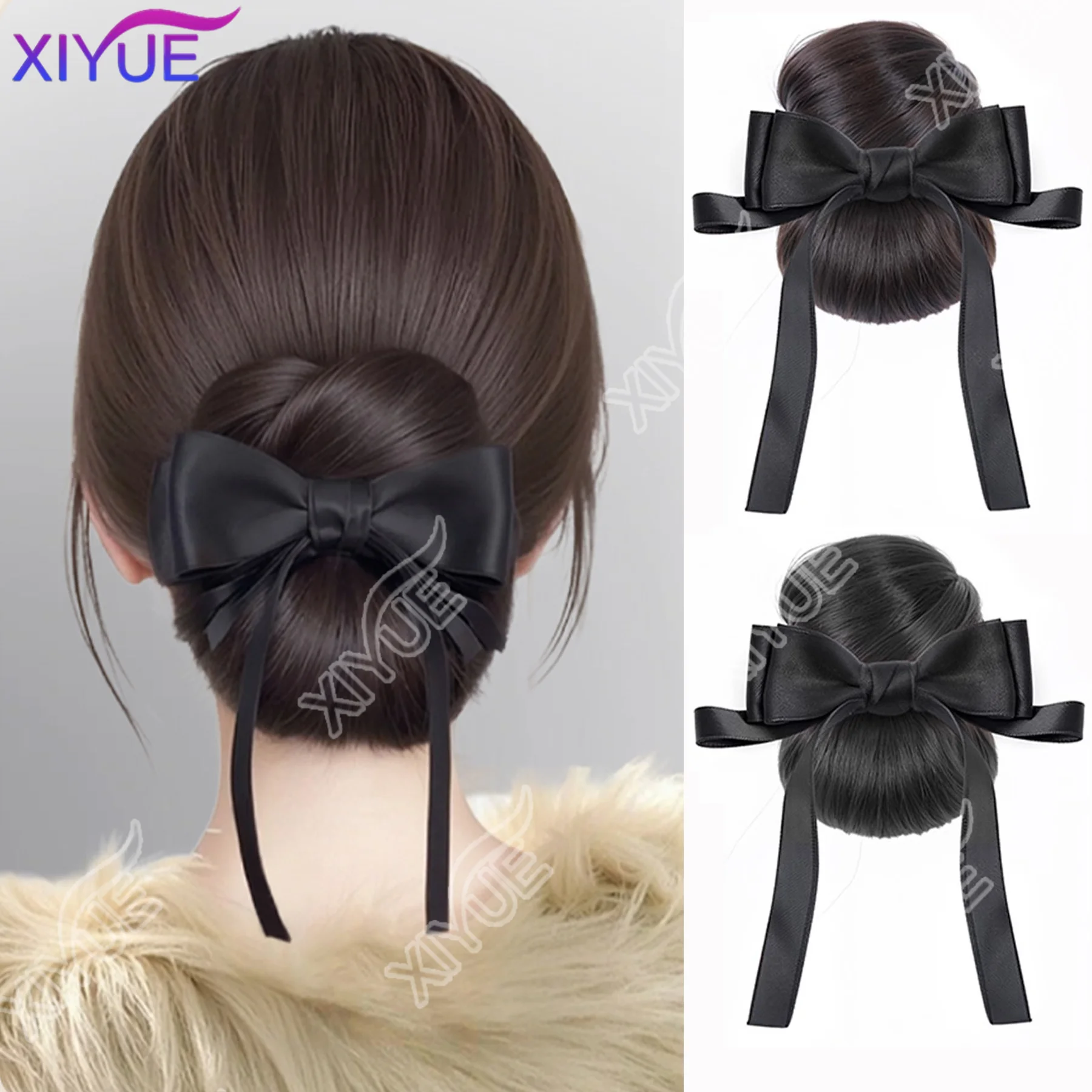 XIYUE Synthetic Maruko Head Wig Grip Clip Female Natural Simulation Bow Flower Bud Curl Hair Fluffy Synthetic Wig Package