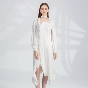 Шелковое жаккардовое длинное плиссированное платье с деревянными краями и ушками, женское асимметричное платье с длинным рукавом AY257