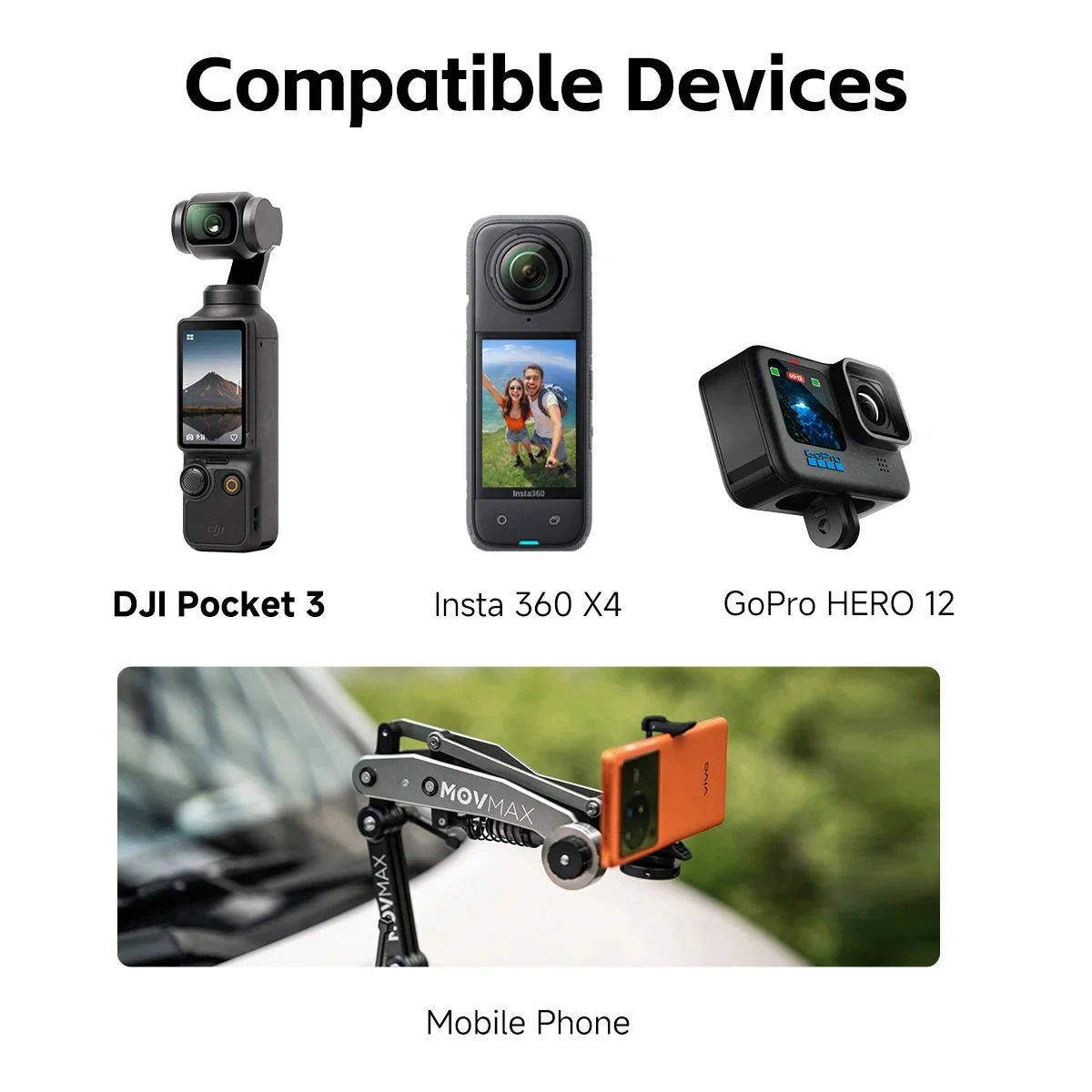 Movmax 차량 장착형 충격 흡수 암 키트(흡착컵 포함) DJL Pocket3 / Insta360 X4용 스포츠 카메라 짐벌 액세서리