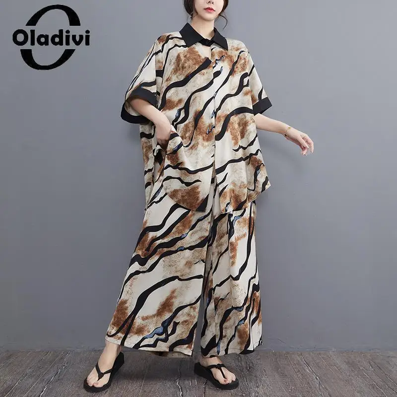 

Oladivi Oversized Women Clothing Fashion Printed Shirts Pants Two Pieces Sets 2022 Summer New Casual Loose 2 pcs Suits L-3XL 739