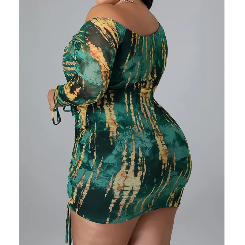 Spring Autumn Plus Size Women's Clothing Sexy Oblique Shoulder Printing Long Sleeve Fashion Bandage Bag Hip Shirring Mini Dress