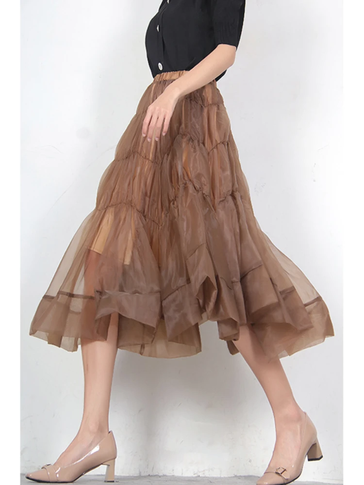 

Summer New Pleated Mesh Hepburn Half Skirt A-line Knee-length Organza Puffy Women Dress High Quality Casual Fashion Vocation